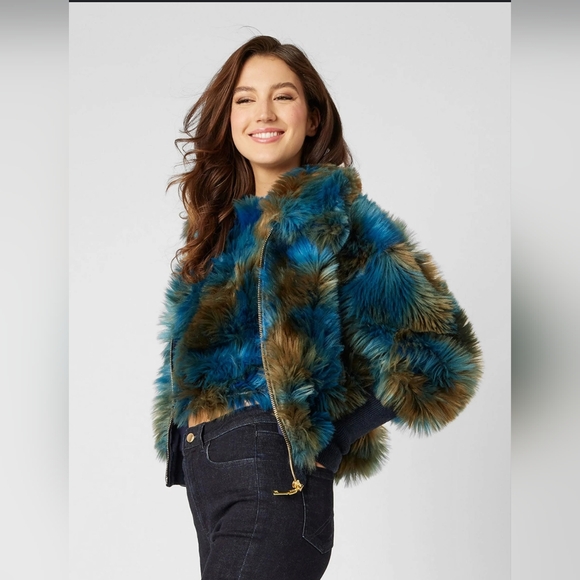 ADRIENNE LANDAU Women's Faux-Fur Multi-Color Bomber Jacket SIZE large NEW - Picture 3 of 6